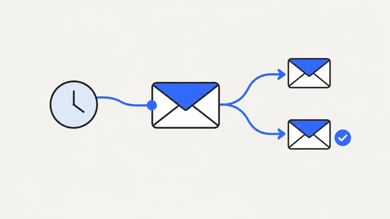 A clock connected to envelopes by blue arrows, illustrating scheduled email delivery