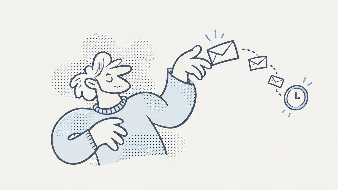 An expressive line-drawn character sending envelopes along a timed sequence, with pale blue fills and halftone dots