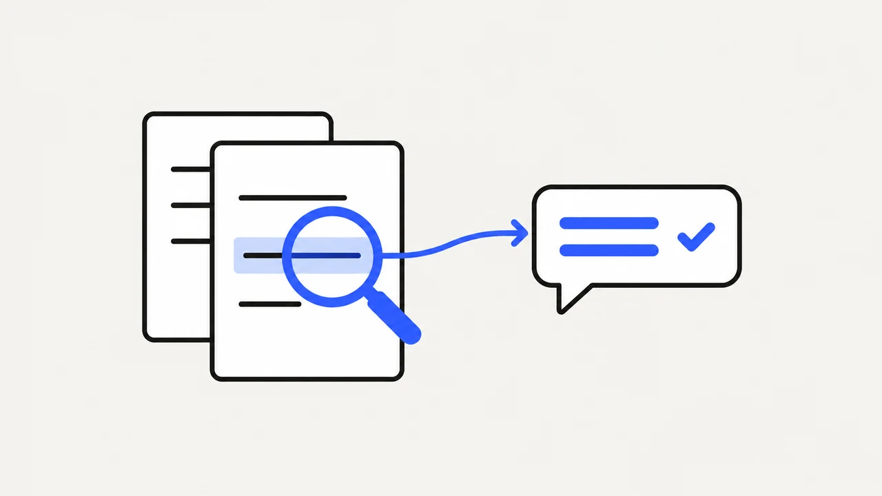 A magnifying glass finding a document passage and connecting it to an answer bubble