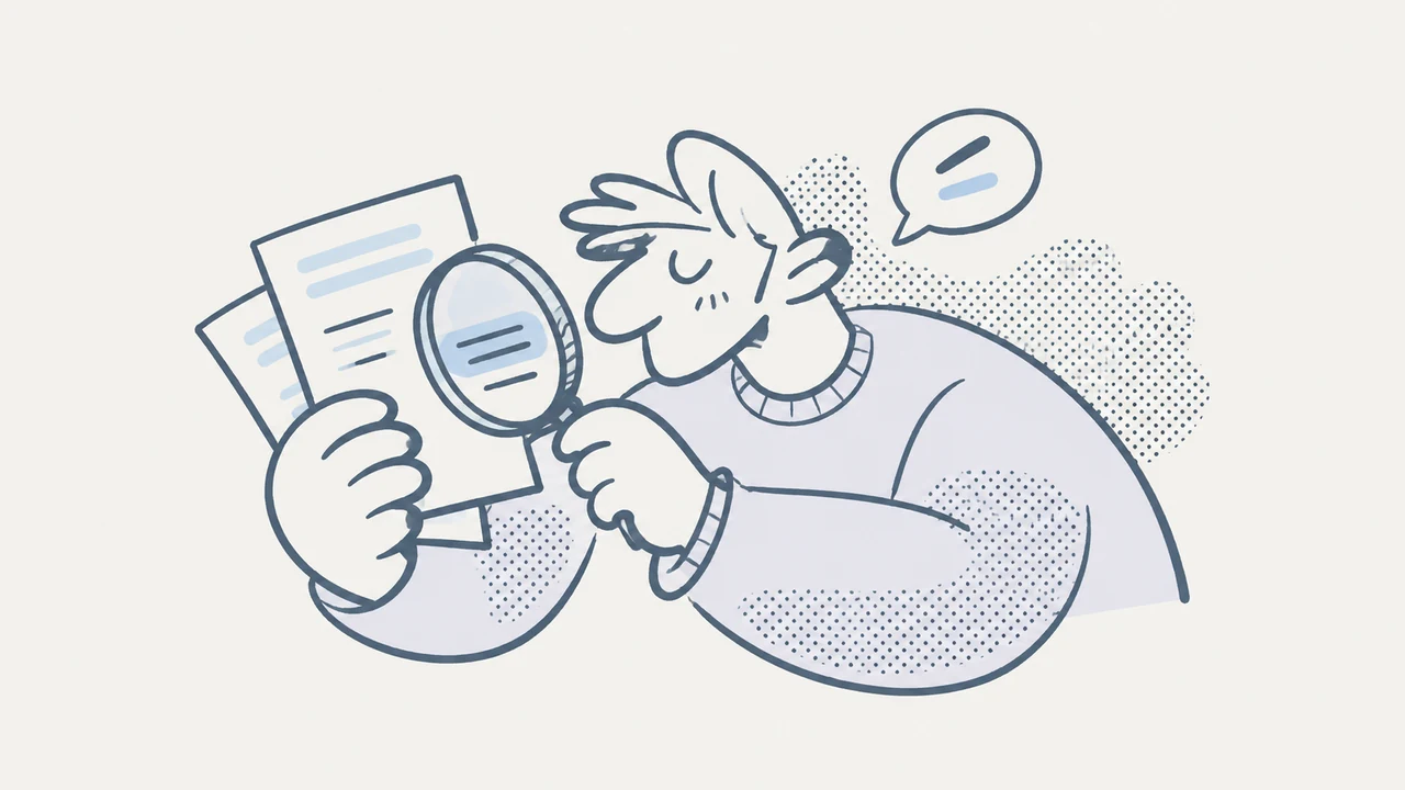 An expressive line-drawn character examining documents with a magnifying glass, with pale lavender fills and halftone dots